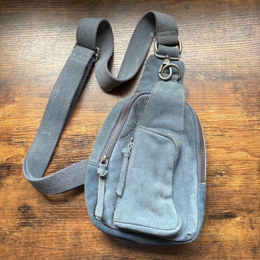 Free People Blue Suede Sling Crossbody Bag One Strap Backpack Zippered Pocket